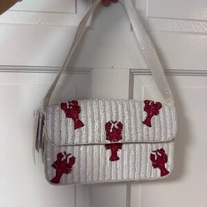 White and Red Lobster Embroidered Shoulder Bag